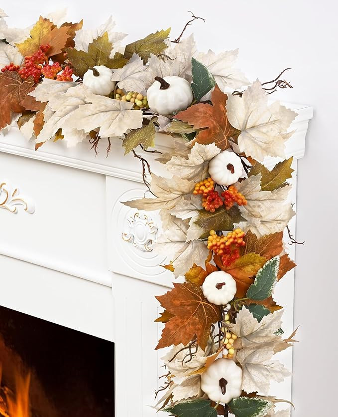 Fall Decorations for Home, 6 Ft Fall Garland for Mantle, Fall Leaves Garland with Lights, White P... | Amazon (US)