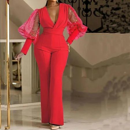Dasayo Red Bodycon Jumpsuit Fashion Womens Wintersolid Sequins Patchwork Long Sleeve V-Neck Jumpsuits | Walmart (US)