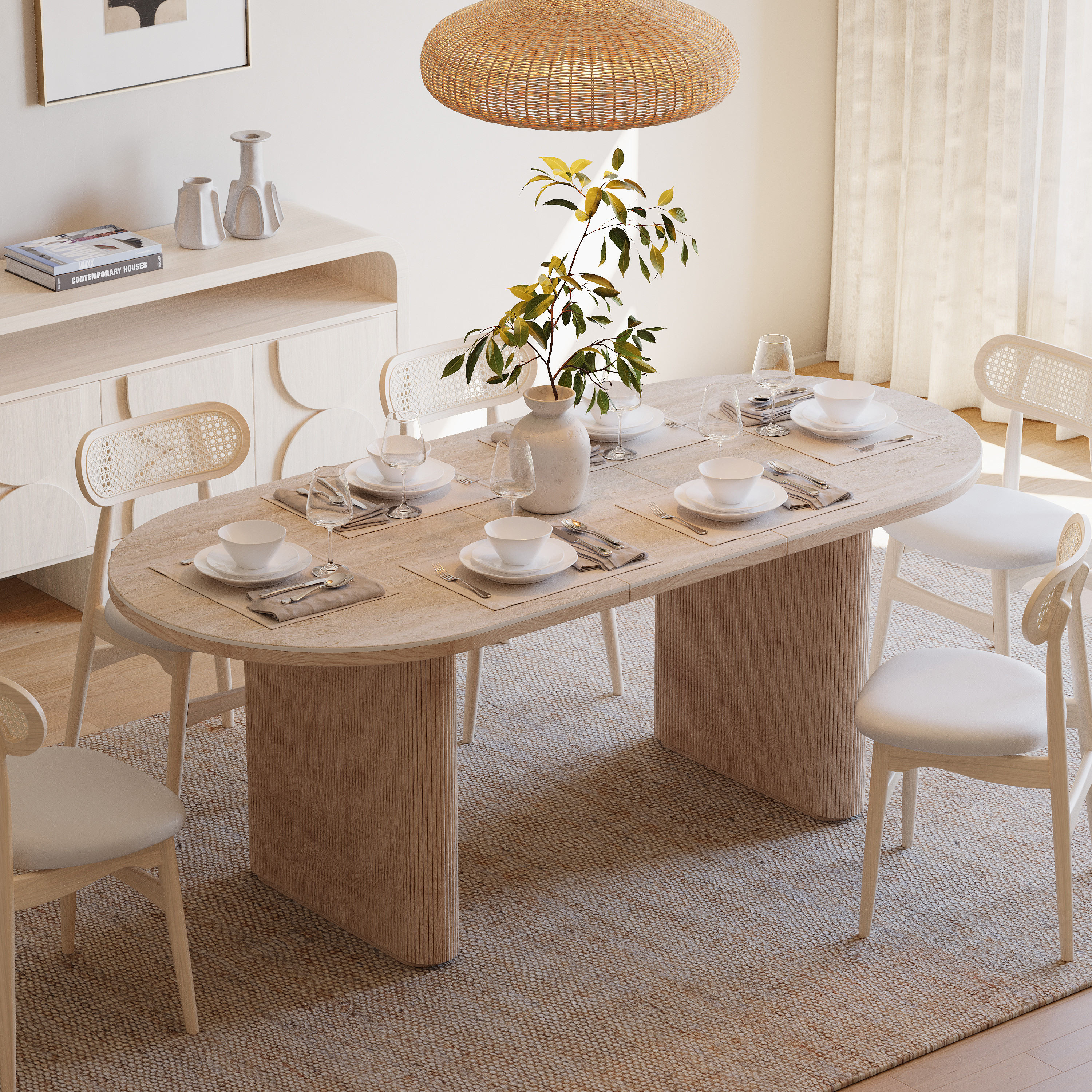 79''-95'' Oval Dining Table Extendable Butterfly Leaf Sintered Stone Top 6-10 Seater Matte Travertine | Homary
