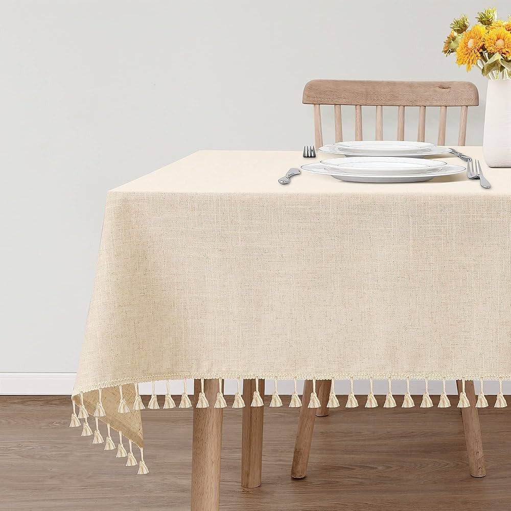 Beige Linen Table Cloth with Tassel, Burlap Rectangle Tablecloth for Kitchen Dining Room, Water R... | Amazon (US)
