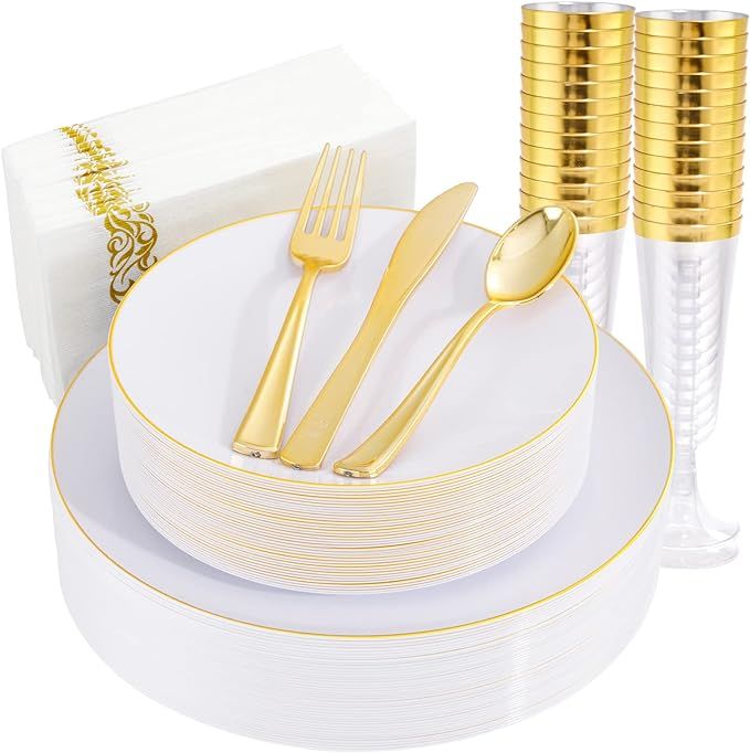 Liacere 175PCS White and Gold Plastic Plates - Gold Plastic Plates Include 50Plastic Plates, 25 F... | Amazon (US)