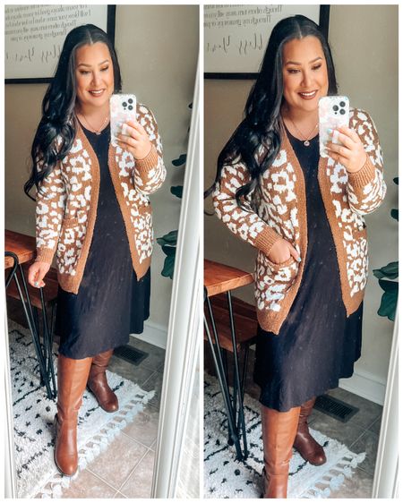NEW! Walmart fall fashion finds! This leopard cardigan is SO SO SOFT!!!!! I sized down to a medium and it’s perfect! So easy to style over a basic black swing dress- only $7!!!! Lots of colors too! Teacher outfit. Workwear. Leopard cardigan. Boyfriend cardigan. 

#LTKunder50 #LTKSeasonal #LTKworkwear