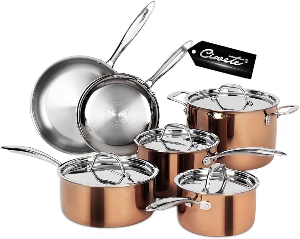 Ciwete Whole Tri-ply 18/10 Stainless Steel Pot and Pan Set (10 Piece), Copper Pots and Pans Set w... | Amazon (US)