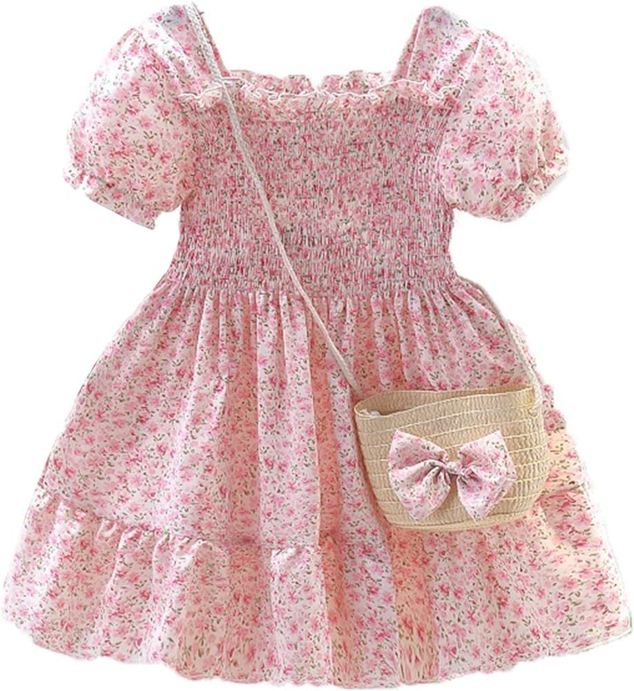 Toddler Girls Floral Dress Square Neck Puff Sleeve A-Line Smocked Dress with Bag Toddler Girls Su... | Amazon (US)