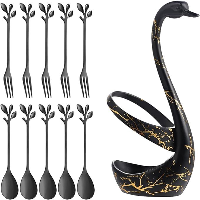 AnSaw Creative Black Decorative Swan Base Holder with 4.7” 5pcs leaf handle Appetizer forks and... | Amazon (US)