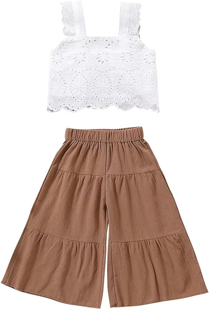 2PCS Baby Girl Sleeveless Strap Lace Crop Vest Tops + Flared Wide-Leg Pants Toddler Summer Outfit... | Amazon (US)