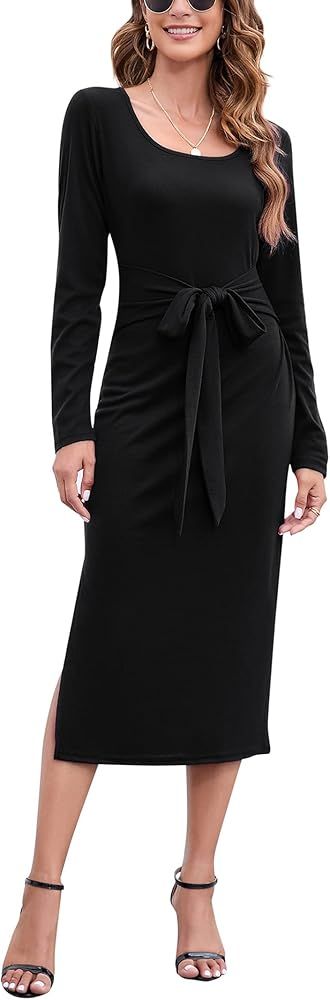 MISSKY Womens Long Sleeve Bodycon Dress Side Slit Square Neck Ribbed Knit Midi Sweater Dresses wi... | Amazon (US)