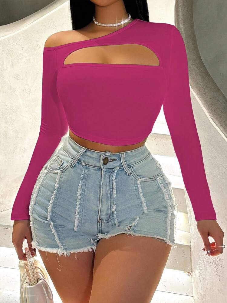 VaVaBold Women's Sexy Asymmetrical Sloped Shoulder Front Hollow Design T-Shirt | SHEIN