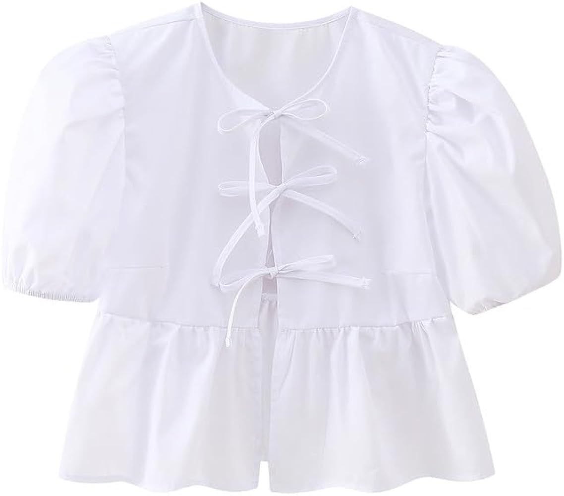 Sastianaen Women Y2k Puff Short Sleeve Peplum Shirts Bow Tie Front Ruffle Hem Babydoll Blouse Cut... | Amazon (US)