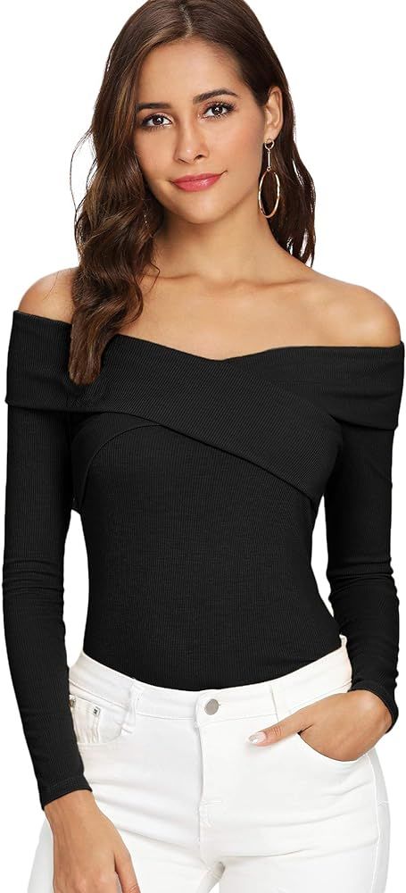 SheIn Women's Sexy Off Shoulder Long Sleeve T-Shirt Cross Wrap Ribbed Knit Tops Medium Black at A... | Amazon (US)