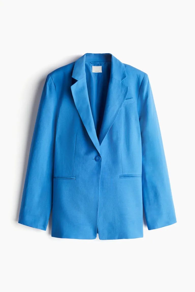 Linen-blend Blazer - Long sleeve - Long - Blue - Ladies | H&M US | H&M (US + CA)
