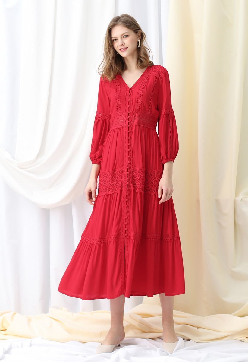 Button Down Crochet Embroidered Boho Maxi Dress in Red | Chicwish