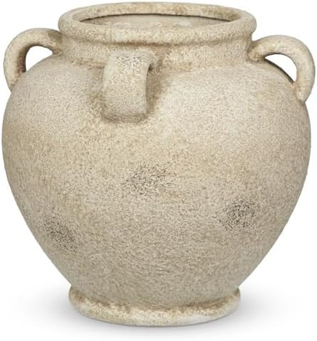 Rustic Ceramic Vase with Handles – Antique-Style Beige Farmhouse Pottery Decorative Urn for Tab... | Amazon (US)