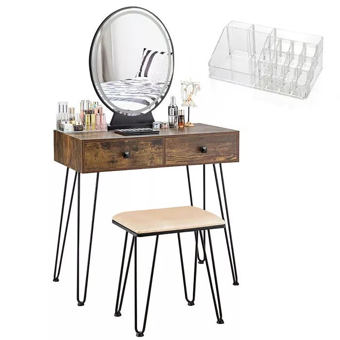 Costway Vanity Makeup Dressing Table W/ 3 Lighting Modes Mirror Touch Switch Rustic\Coffee | Target