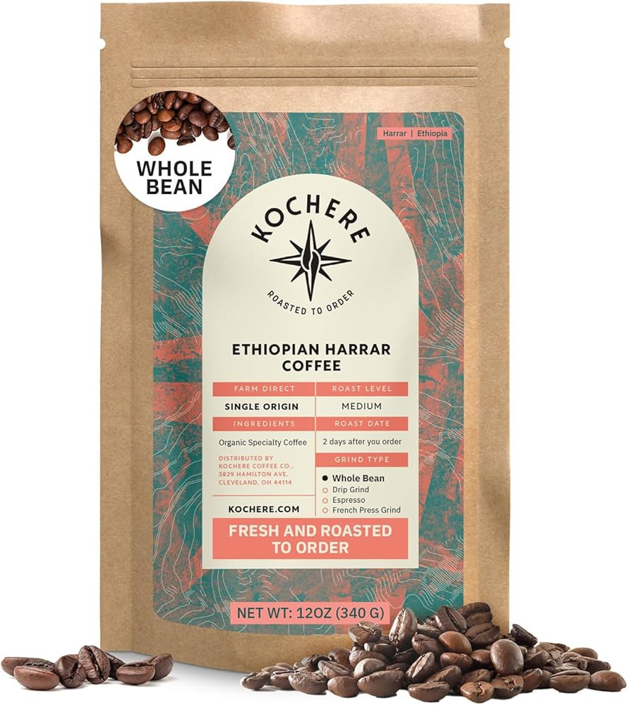Organic Ethiopian Whole Bean Coffee Medium Roast - 12 oz, Single Origin Ethiopian Harrar Coffee B... | Amazon (US)