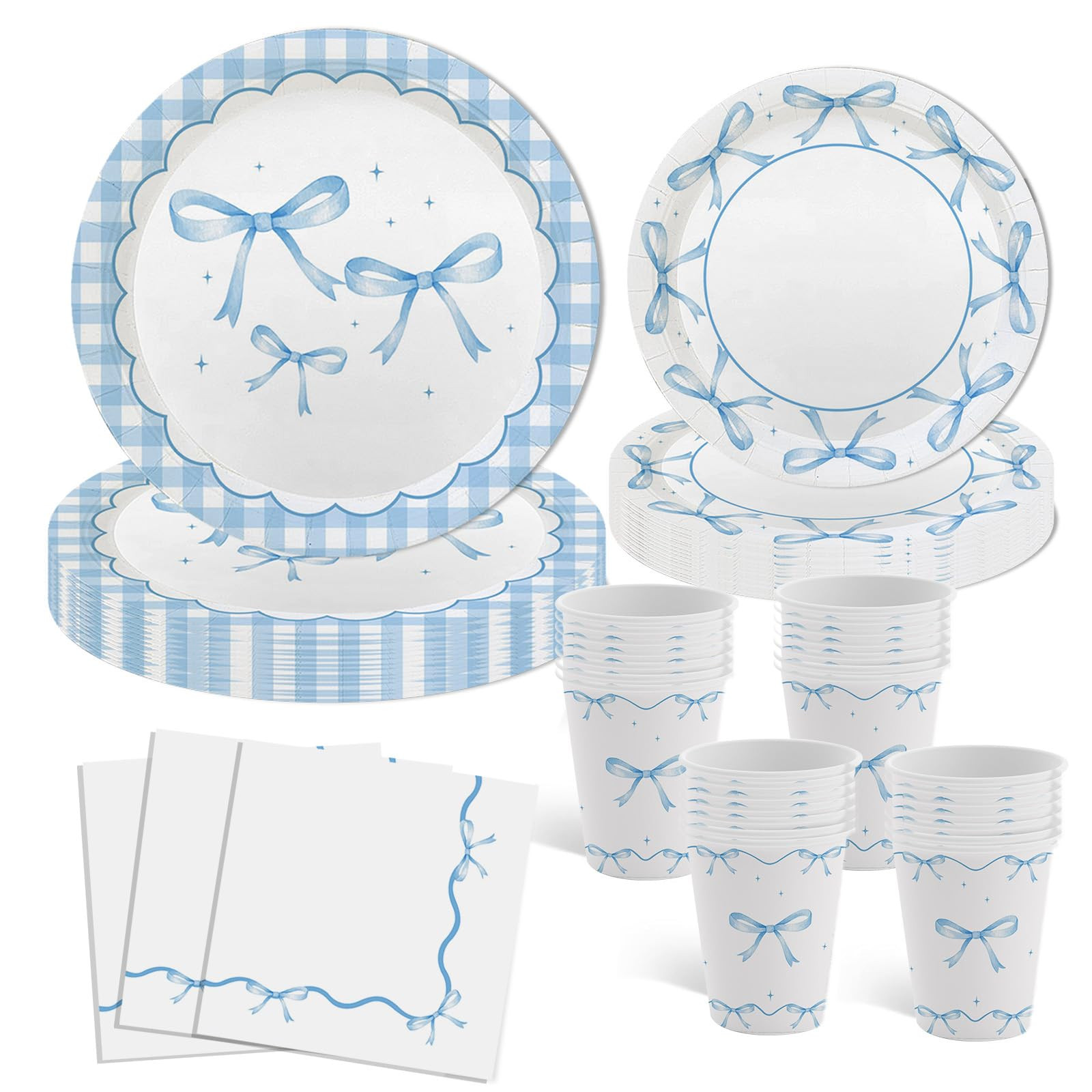 MEHOFOND Blue Bow Party Decorations, Baby Blue Bow Plates and Napkins, Light Blue Coquette Birthday Decorations, Bowkont Disposable Dinnerware, Baby Shower Party Tableware Decor, Serves 24 | Amazon (US)