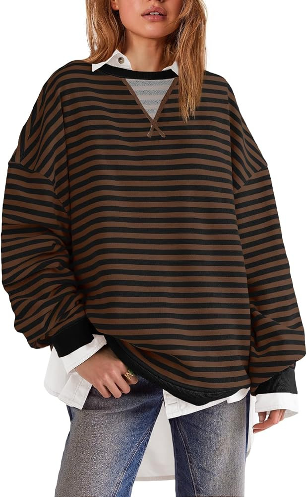 SENSERISE Womens Oversized Classic Striped Crewneck Sweatshirts Long Sleeve Color Block Shirts Ca... | Amazon (US)