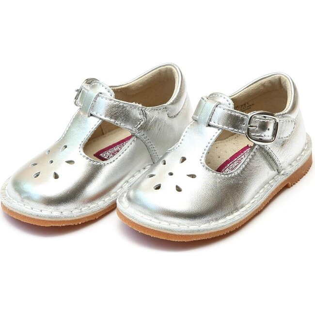L'Amour | Joy Metallic Stitch Down Leather T-Strap Mary Jane Kids Shoes, Silver (Silver Metallic, Size Youth 2) | Maisonette | Maisonette
