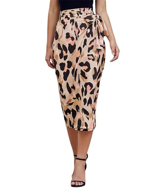TE.CREW by Zesica Women's Casual Skirts Leopard - Tan & Pink Leopard Print Wrap Skirt | Zulily