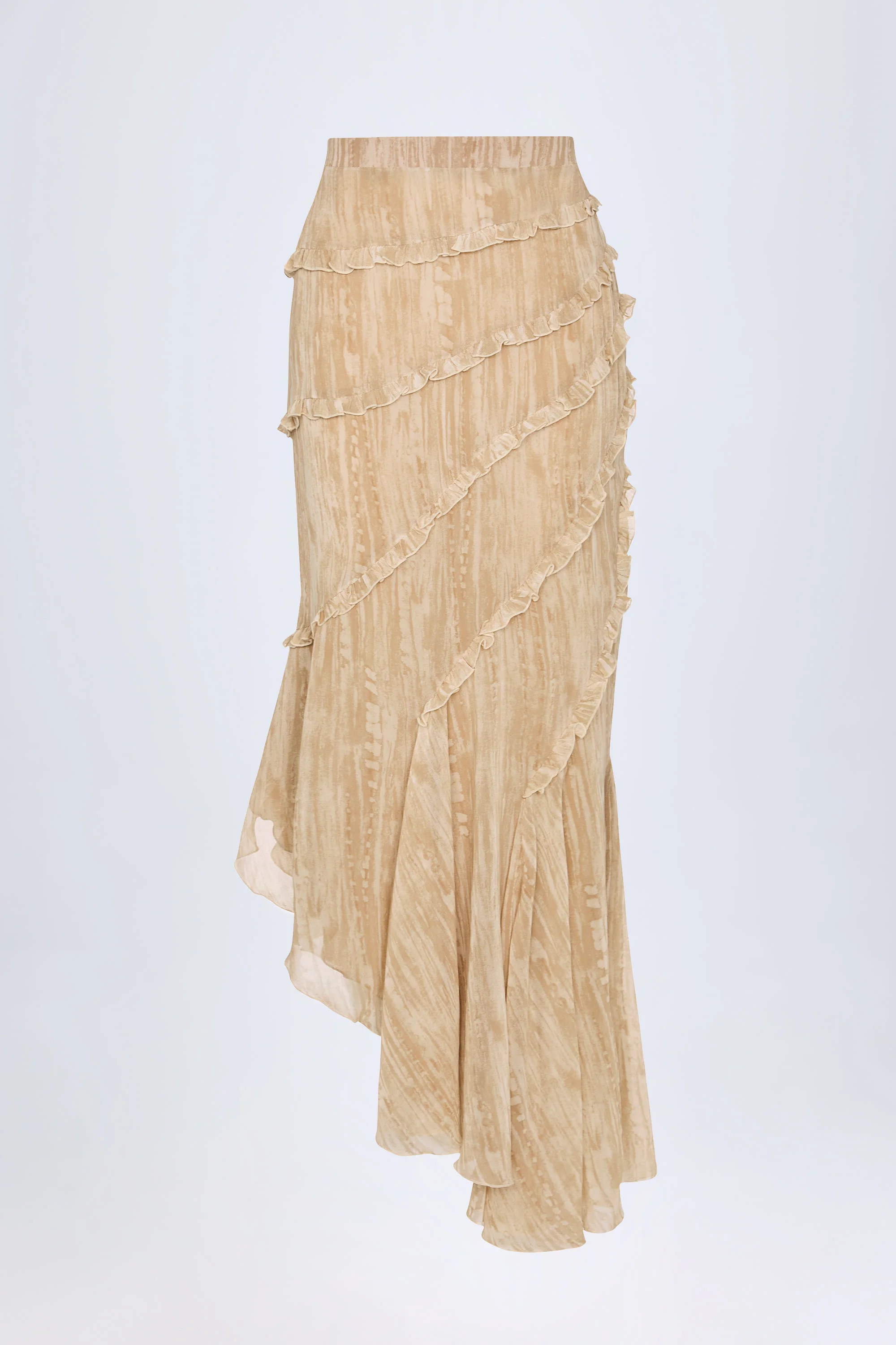 Ruffled Asymmetric Mid-Rise Maxi Skirt in Tan Print | Oh Polly