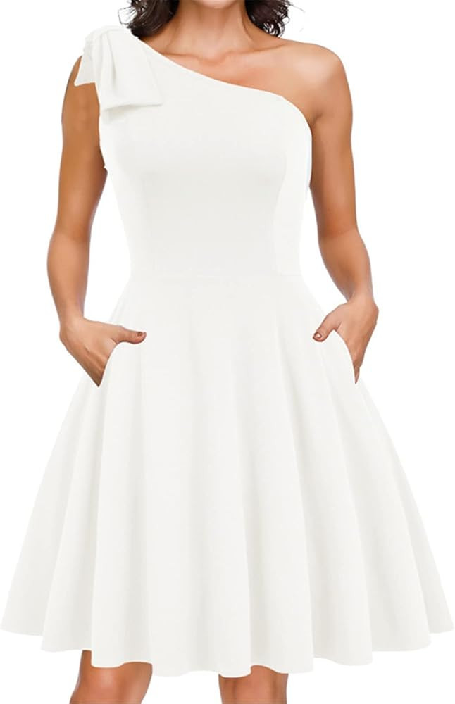 JASAMBAC Women's Bow One Shoulder Dress with Pockets A-line Cocktail Party Dress | Amazon (US)