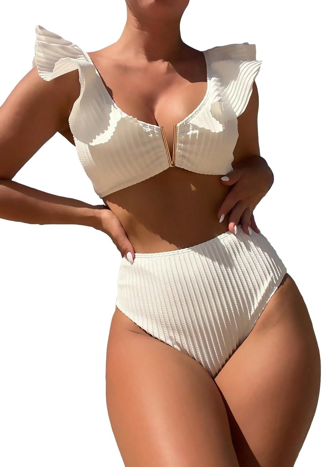 MakeMeChic Women's 2 Piece Bikini Set Ruffle Trim V Neck High Waisted Swimsuit Bathing Suit | Amazon (US)