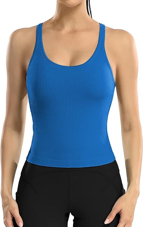 ATTRACO Women Ribbed Workout Crop Tops with Built in Bra Yoga Racerback Tank Top Tight Fit | Amazon (US)