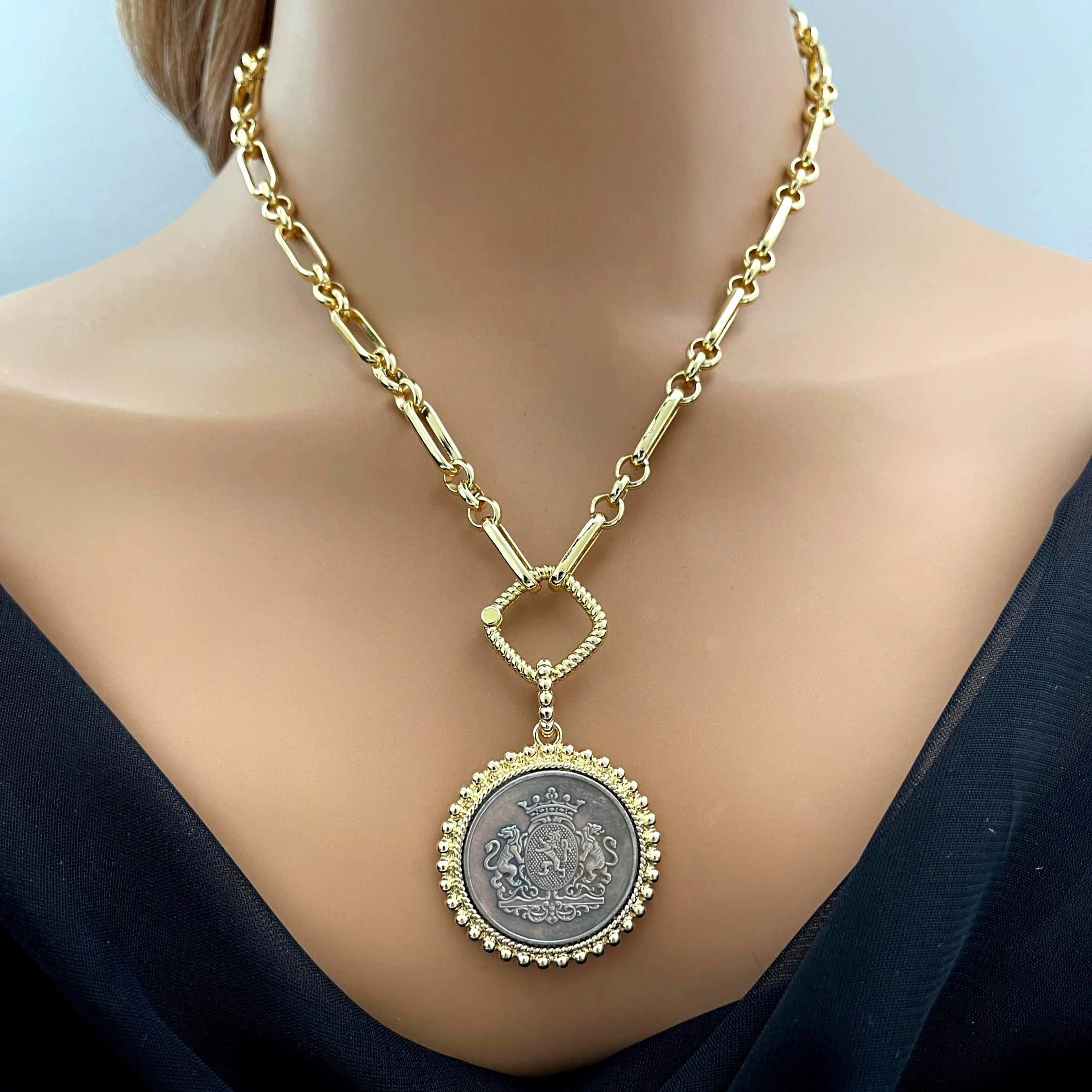 Gold Multi-Link Chain Shield Coin Necklace, Textured Bezel | Etsy (Global)