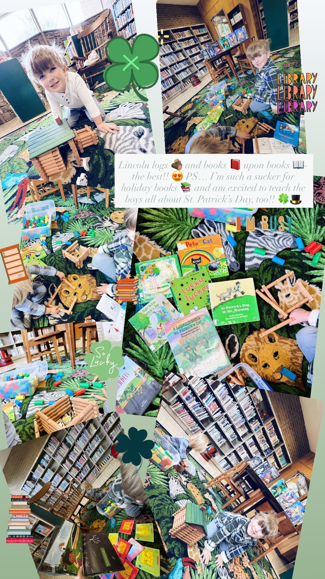 Lincoln logs 🪵 and books 📕 upon books 📖- the best!! 😍 PS… I’m such a sucker for holiday books 📚 and am excited to teach the boys all about St. Patrick’s Day, too!! 🍀🎩 
