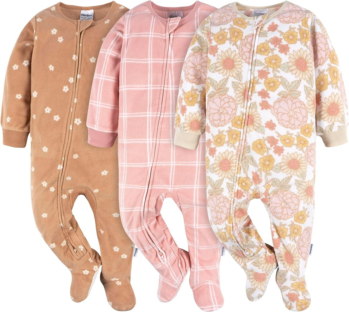 Gerber Baby Girls' Flame Resistant Fleece Footed Pajamas 3-Pack | Amazon (US)