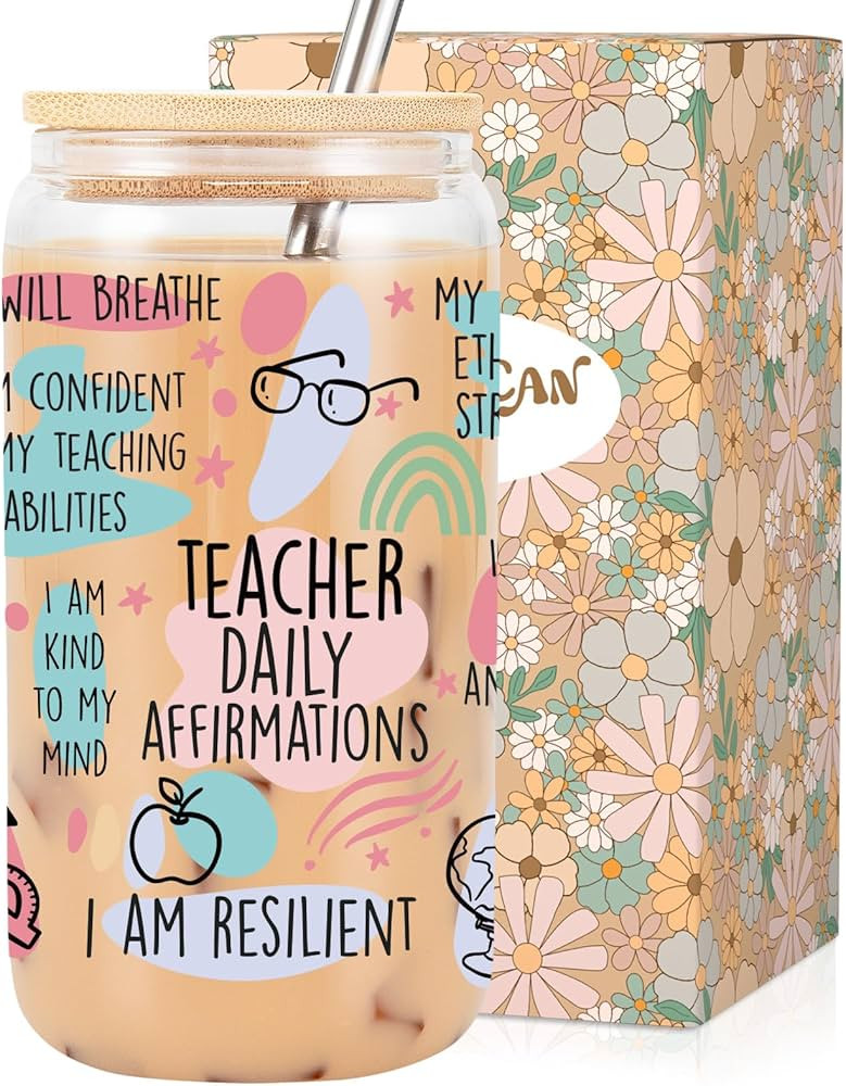 LEADO Teacher Daily Affirmations Cup, 16 oz Iced Coffee Glass Cups, Teacher Appreciation Gifts, T... | Amazon (US)