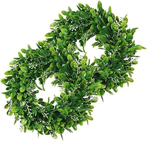 Amazon.com: LSKYTOP 2 Pack Boxwood Wreath Round Wreath Artificial Wreath Green Leaves Wreath Door... | Amazon (US)