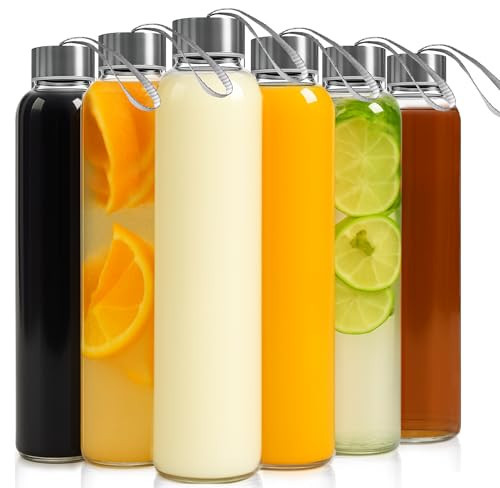 Epica glass bottles with lids – 18oz glass water bottles, reusable juice bottle with lids for storing juices, reusable water bottle durable set of 6 with Carrying Loop Caps | Amazon (US)