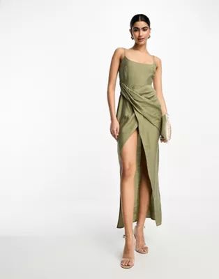 ASOS DESIGN washed cami midi dress with drape skirt in green | ASOS (Global)