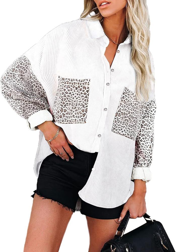 SHEWIN Womens Corduroy Long Sleeve Button Down Shirts Shacket Jacket Tops | Amazon (US)