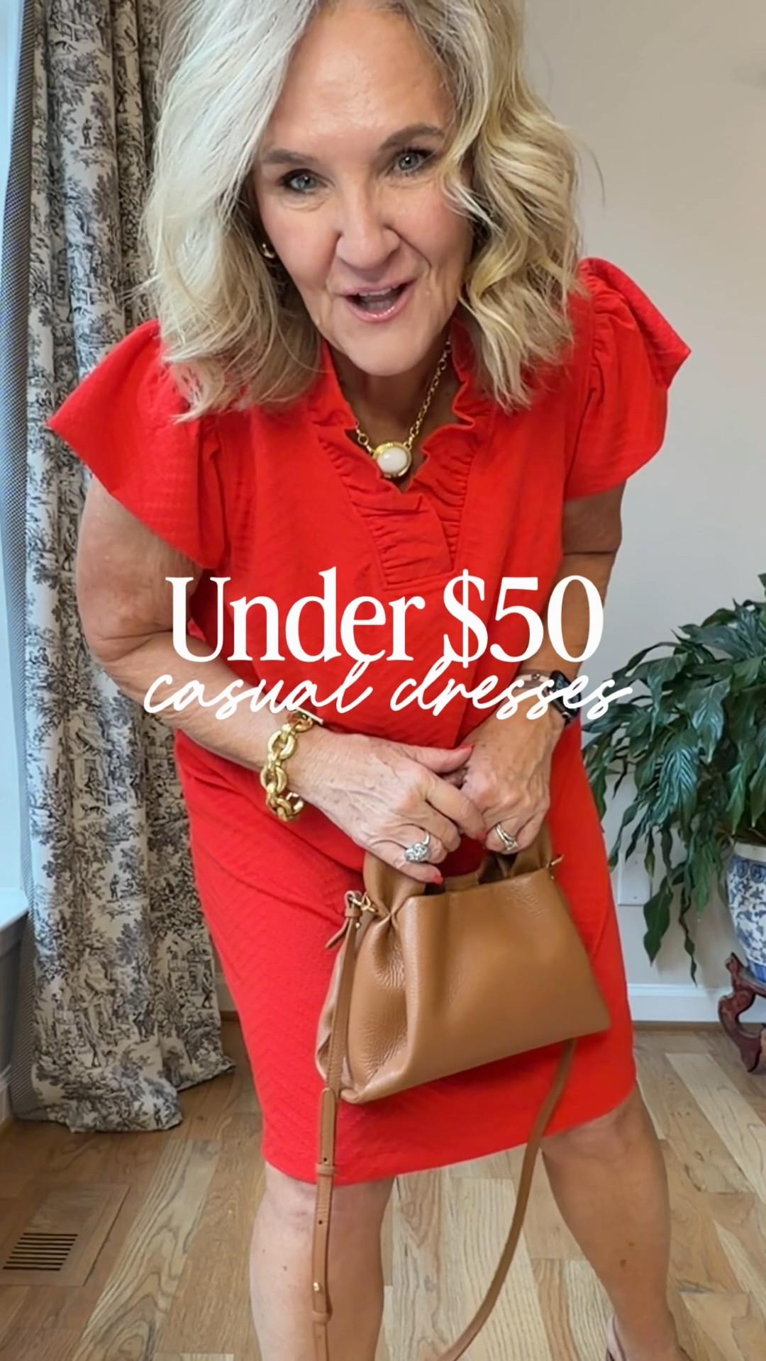 Dresses and one pants look! All zipper affordable. 
Regular size medium except the longer sleeveless dresses I’m in a small. Get reg size if busty. 
And embroidered beige I sized down to a small 
New gorgeous leather bag by quince! 
Red dress pictured in blue 
Neutral embroidered dress pictured in white/green 
Casual Mother’s Day dresses 

#LTKOver40 #LTKMothersDay