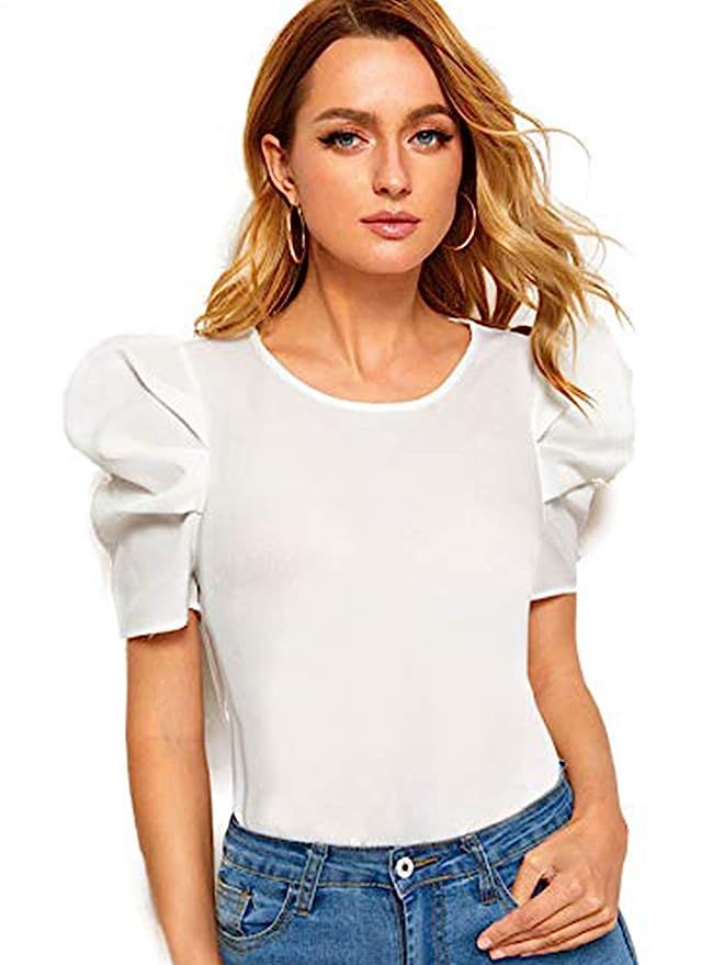 Floerns Women's Round Neck Short Puff Sleeve Keyhole Back Blouse Tops | Amazon (US)