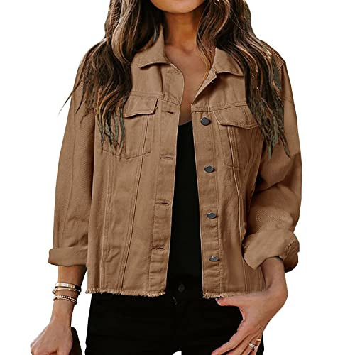 LONGBIDA Women's Jean Jacket Frayed Washed Button Up Cropped Denim Jacket With Pockets(Brown,L) | Amazon (US)