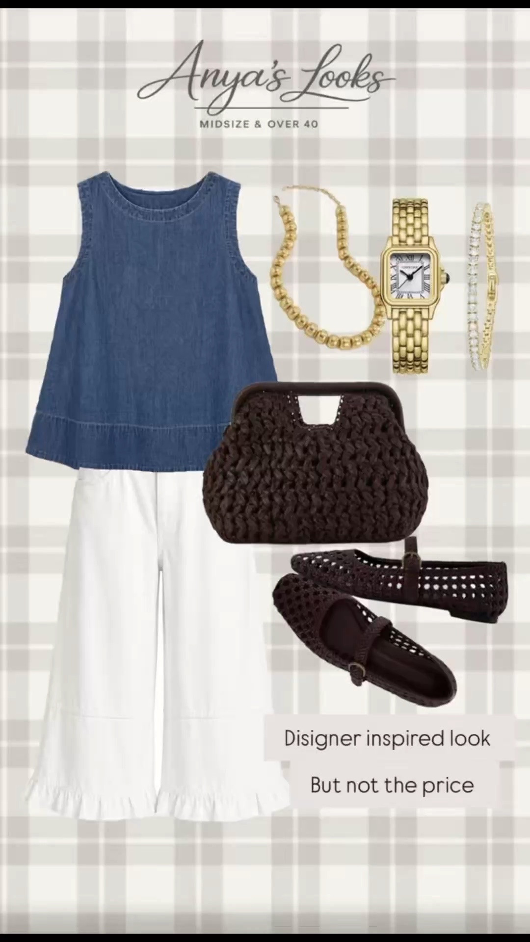 Designer-inspired summer style without the luxury price tag ✨This feminine midsize outfit serves effortless coastal chic with a denim peplum top, flowy white cropped pants, woven brown accessories, and classic gold jewelry. Perfect for brunch, vacation, casual date night, or everyday elevated style for women over 40.Midlife fashion made easy with affordable pieces that still look polished, classy, and put together
—-

midsize fashion over 40, midsize summer outfit, affordable midsize fashion, feminine summer outfit, women over 40 style, casual chic outfit, denim peplum top outfit, white cropped pants outfit, designer inspired look, look for less fashion, woven handbag trend, woven flats outfit, classy casual style, midsize outfit ideas, over 50 fashion inspiration, elevated everyday outfits, affordable summer style, elegant casual outfit, neutral summer fashion, flattering outfits for midsize women