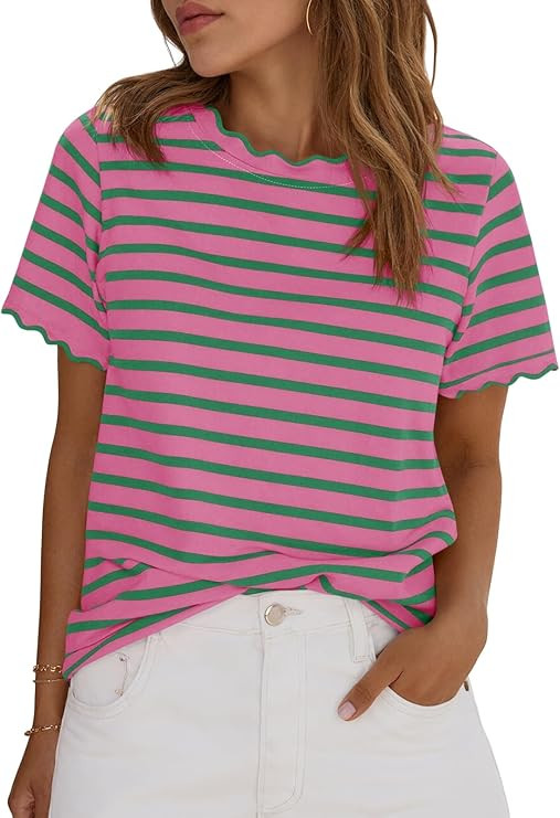 Tankaneo Womens Short Sleeve Striped Tshirts Summer Color Block Scalloped Tops Trendy Casual Basi... | Amazon (US)