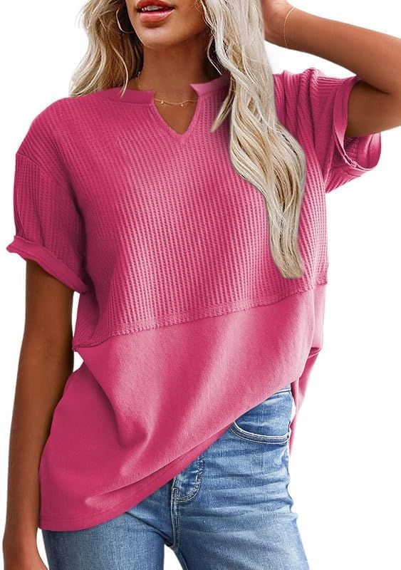 SHEWIN Womens Casual V Neck Waffle Knit Tops Short Sleeve T Shirts Loose Blouses | Amazon (US)