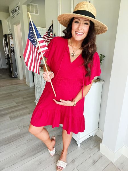 FOURTH OF JULY OUTFIT IDEA 🇺🇸
• dress is true to size but I sized up to a medium for pregnancy- such a great lightweight dress! LOVE! 
• sized up 1/2 size in sandals 

#LTKSeasonal #LTKbump #LTKunder50