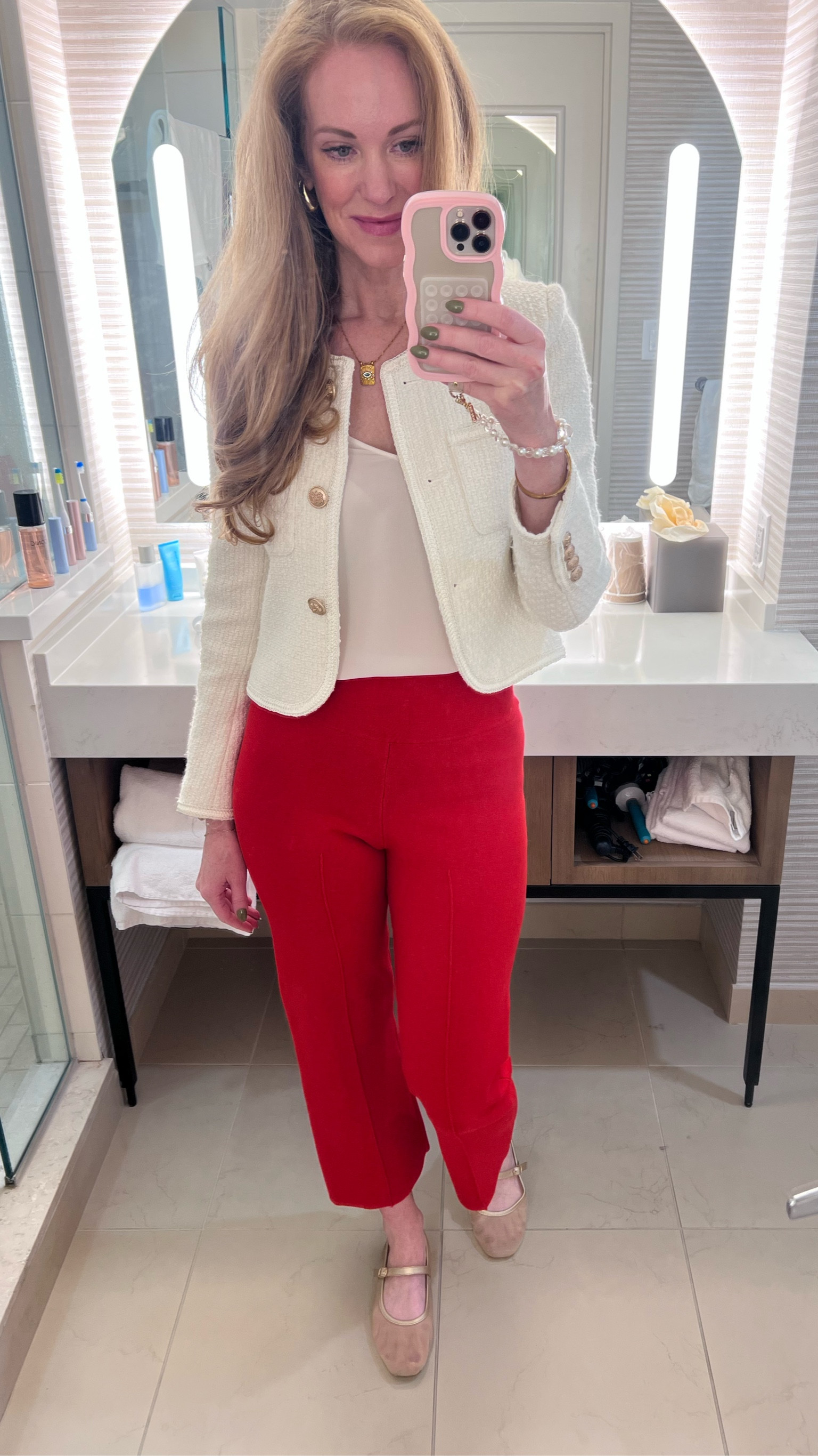 Corporate girlie! 
I LOVE these red pants from J Crew, they are a soft knit and legs like loungewear! And this darling lady jacket from Amazon is a staple! 

#LTKWorkwear #LTKStyleTip #LTKOver40