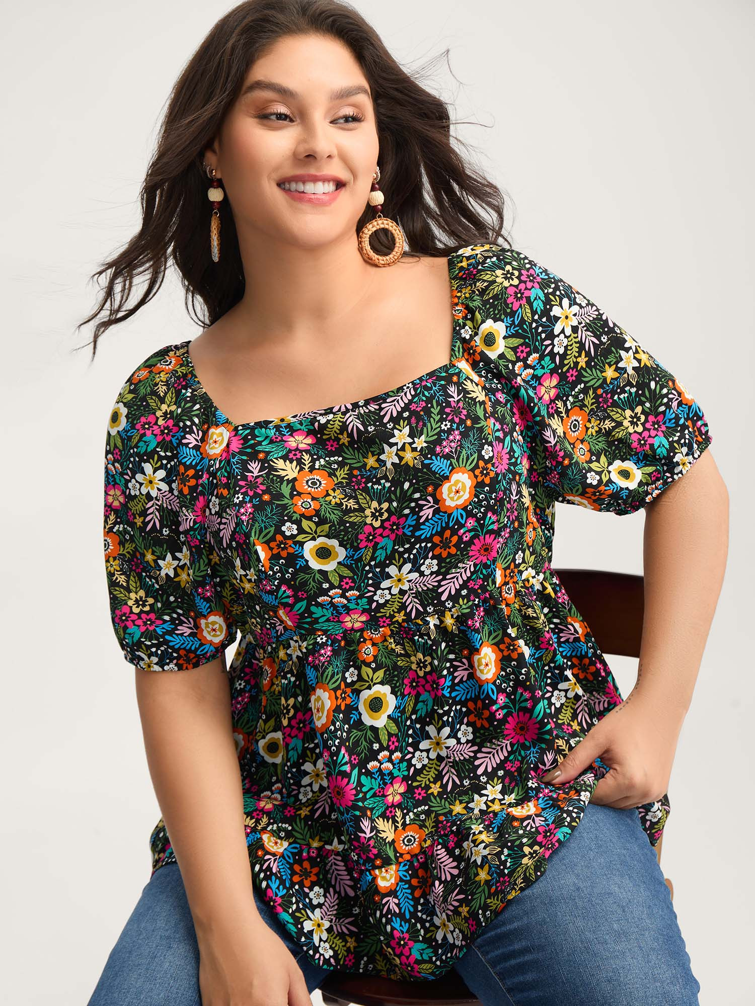 Floral Square Neck Fit and Flare Blouse | Bloomchic