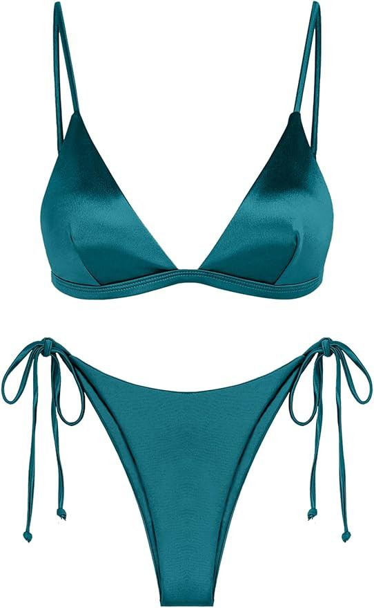 ZAFUL Women's Shiny Silky Bikini Sets Sexy Triangle Two Piece Swimsuit 2024 Tie Side Thong High C... | Amazon (US)
