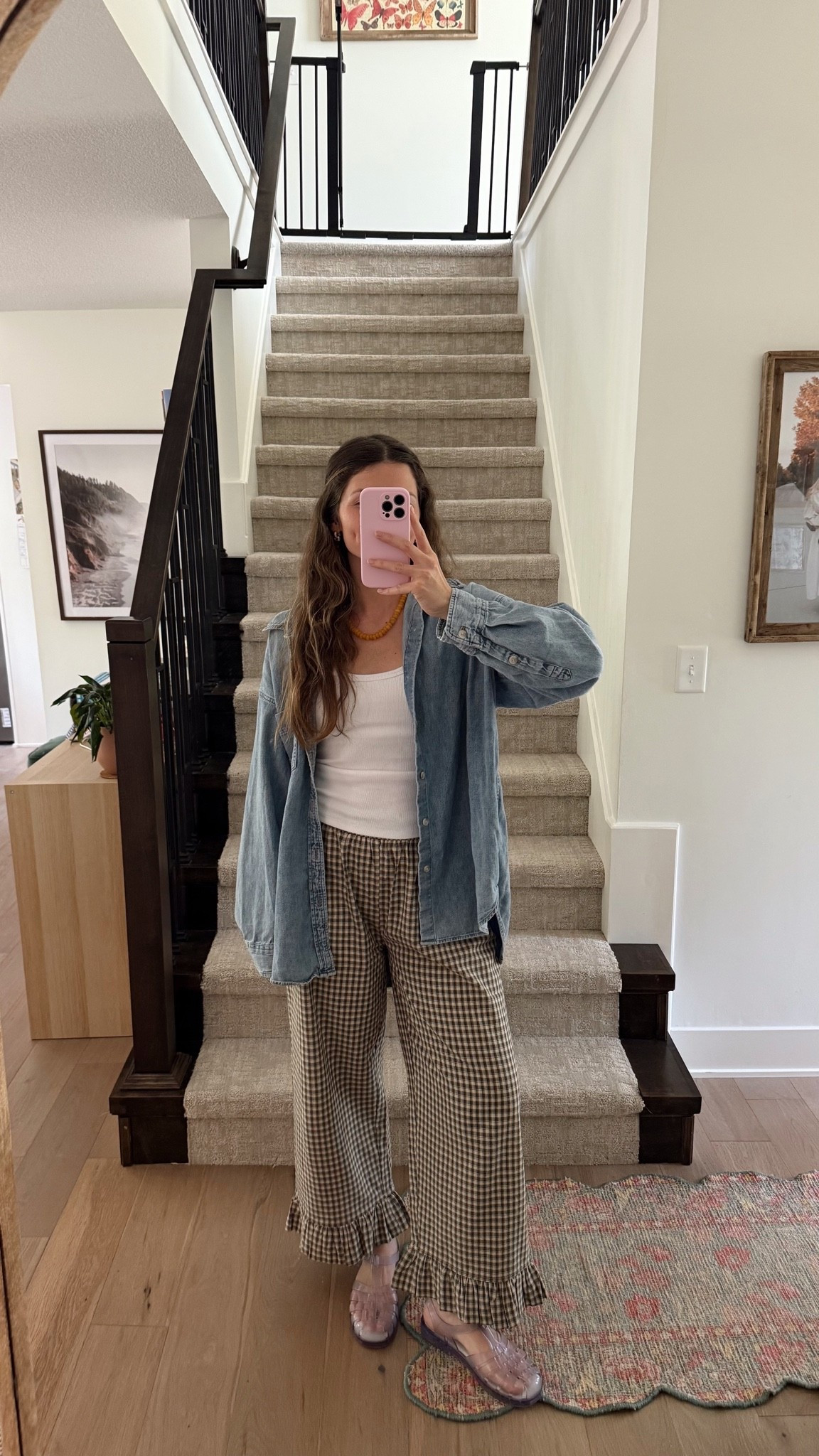 wearing a small in pants, medium in tank and button-down, sized up for a more oversized fit! 

Summer to fall outfit, early fall, mom style

#LTKootd