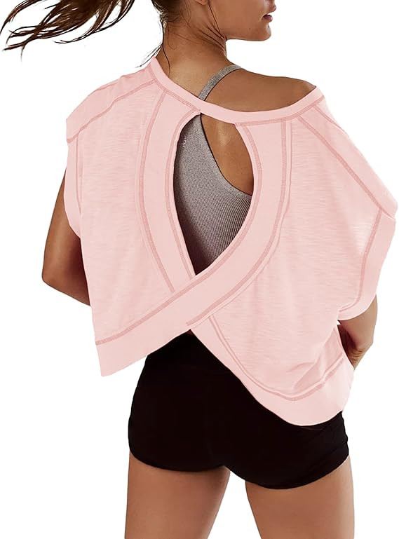 Women Short Sleeve Workout Shirts Open Back Tops Casual Yoga Y2k Athletic Gym Slouchy Crop Runnin... | Amazon (US)