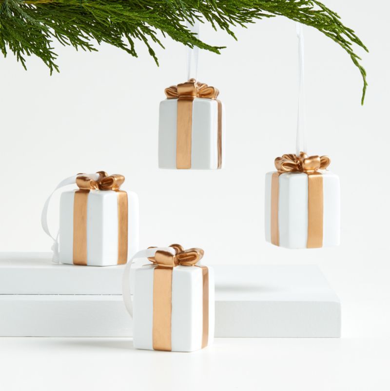 Rectangle White & Gold Present Christmas Tree Ornaments, Set of 4 | Crate & Barrel | Crate & Barrel