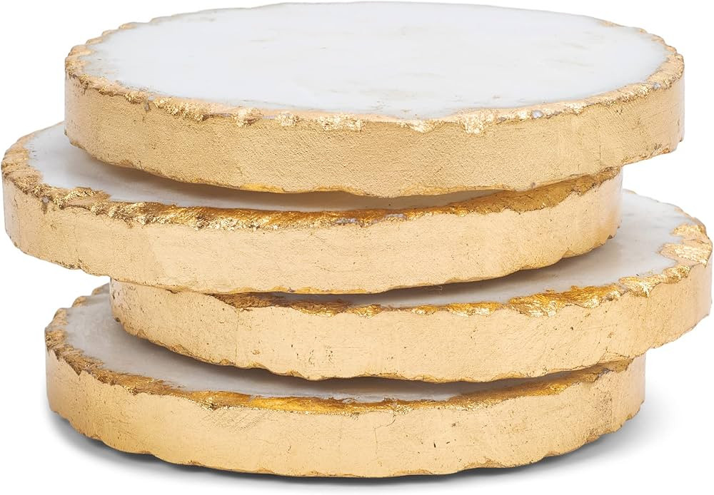 Mary Square Vintage Gold Tone Round 4 inch Marble Table Top Coasters Set of 4 | Amazon (US)