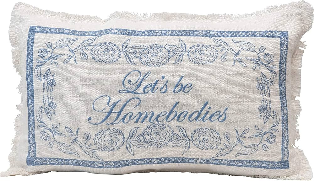 Creative Co-Op Linen Blend Embroidered Lumbar Pillow "Let's Be Homebodies", Cream Color & Blue © | Amazon (US)
